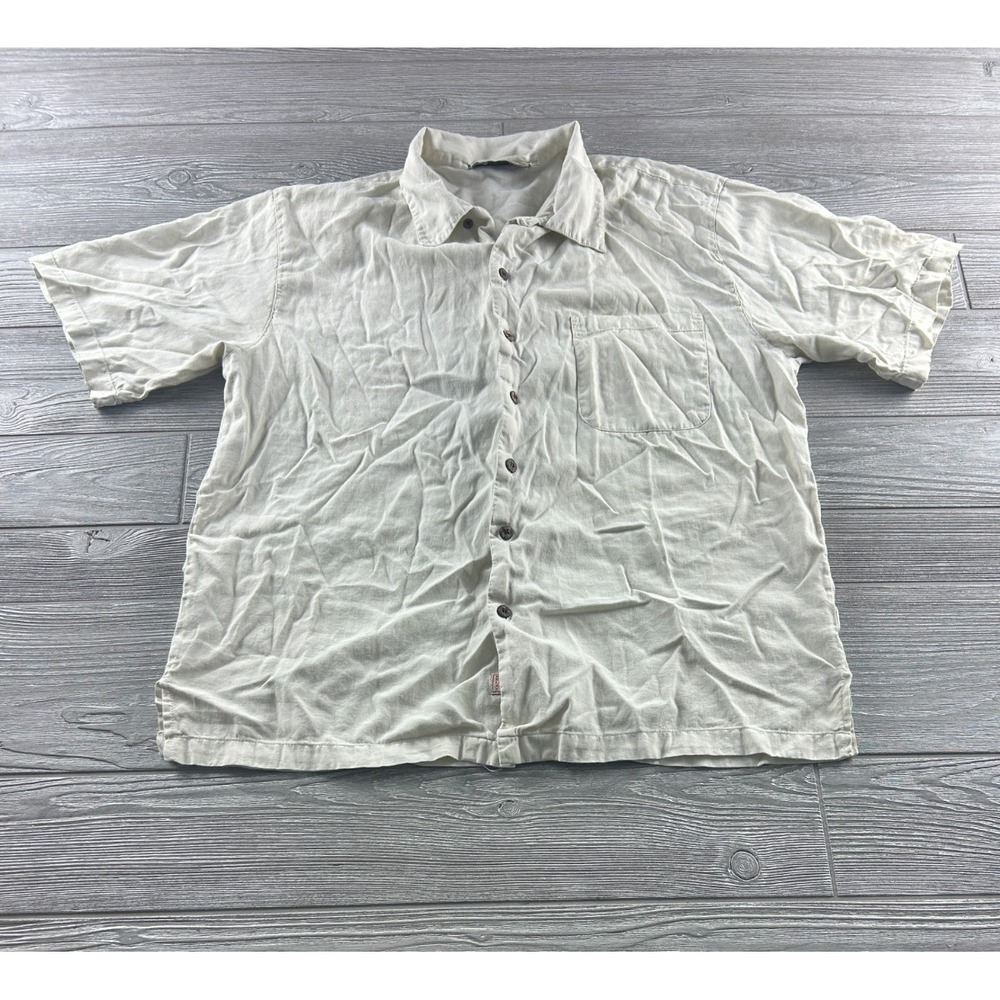 Tommy Bahama Silk Shirt Mens Beige Jungle Shakedown Embroidered Tiki Hawaiian